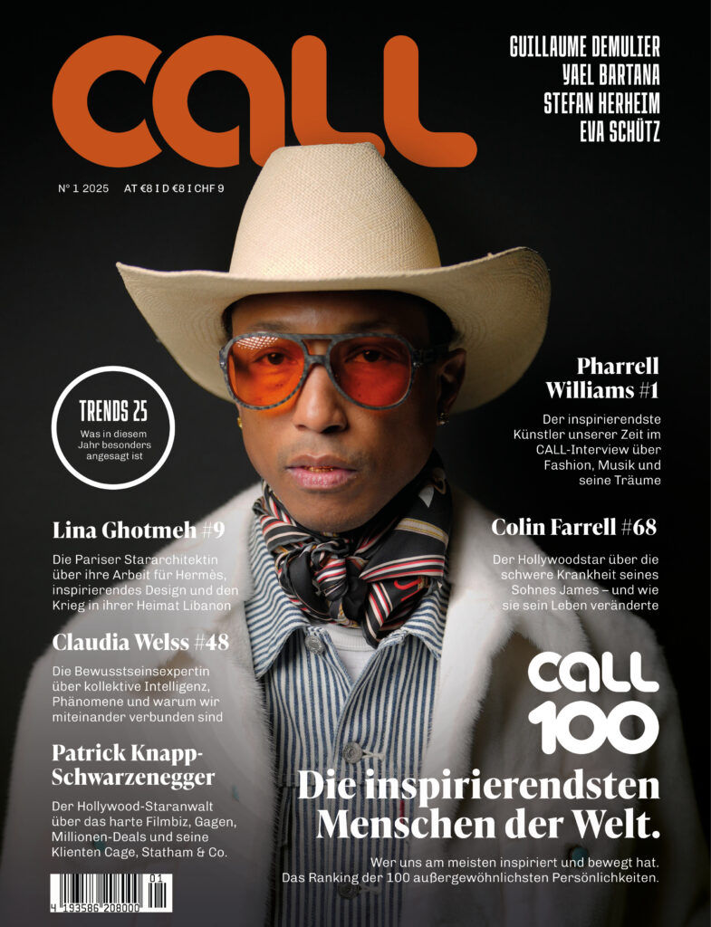 CALL 100: Die erste Ausgabe des neuen CALL-Magazins mit dem Ranking der inspirierendsten Menschen der Welt. Die Nummer 1: Pharrell Williams (Foto: WWD/Getty Images)